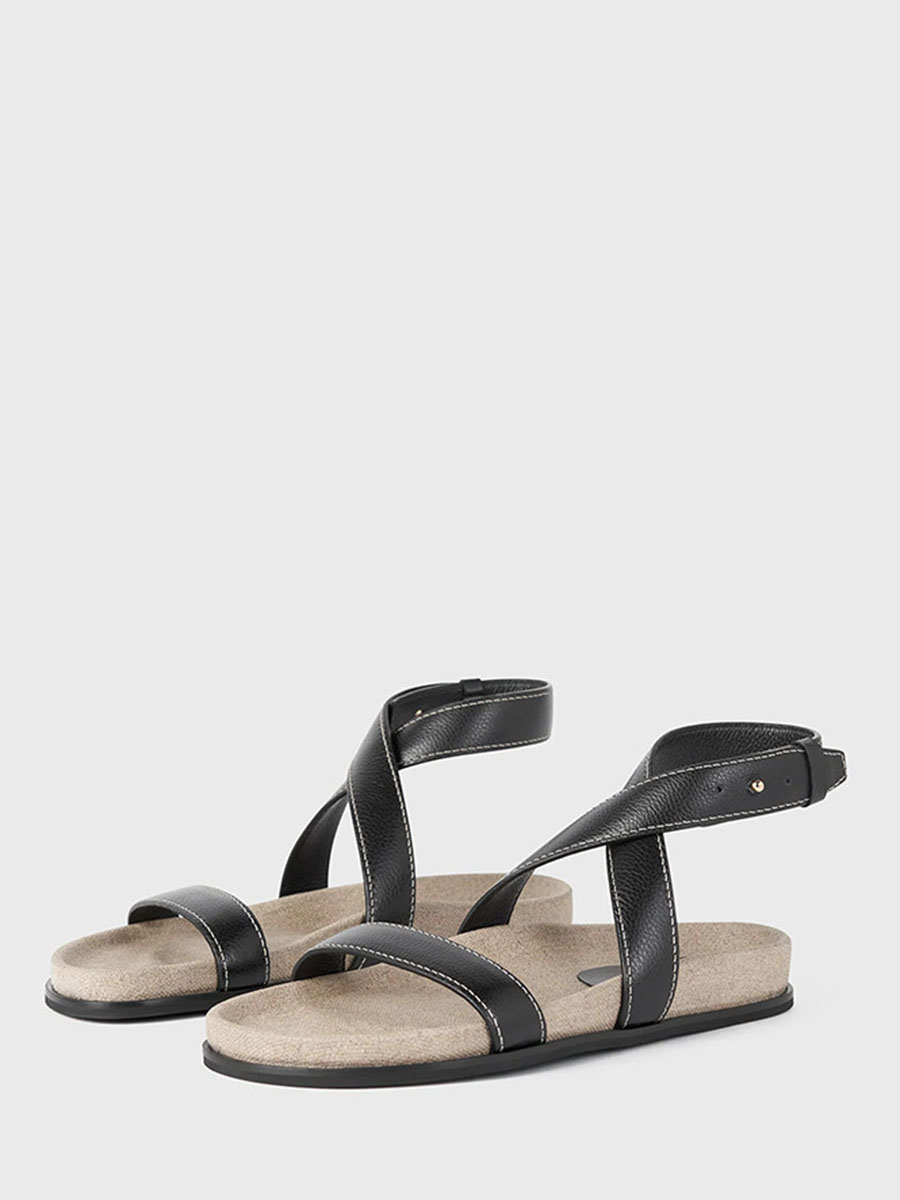 Women's Cowhide Leather Cross Ankle Strap Flat Sandals
