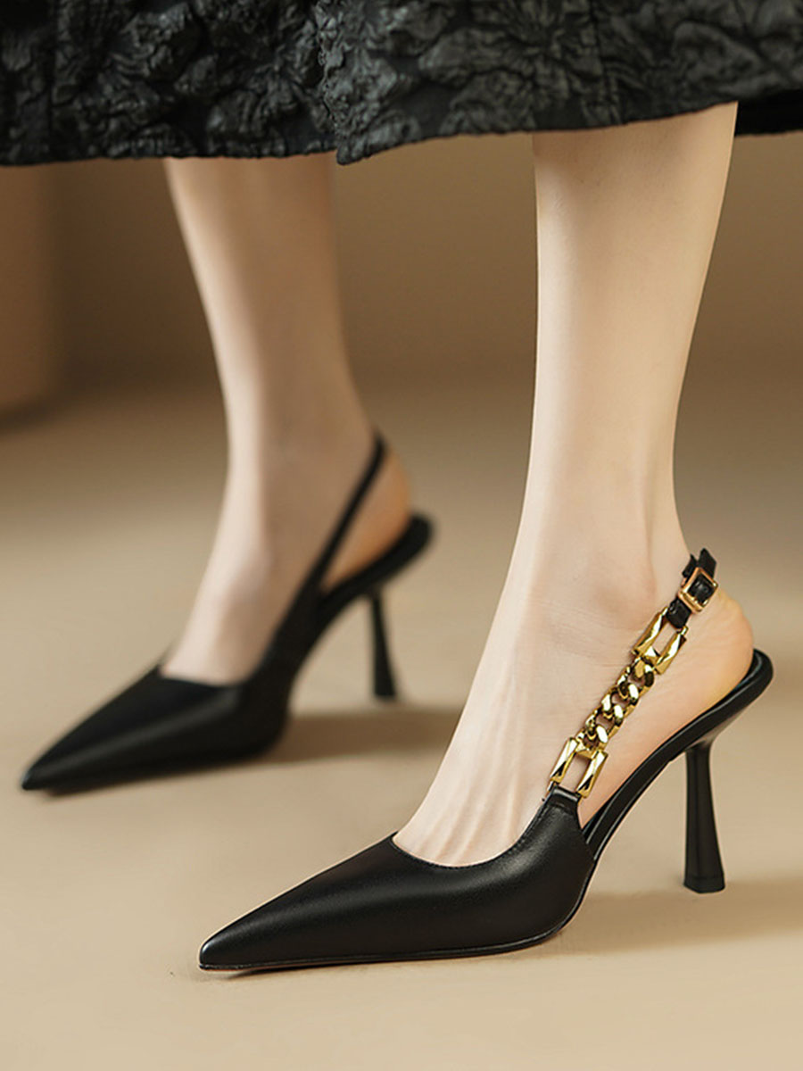 Women’s Cowhide Pointed Toe Metal Chain 3.35 Inch Cone Heels Slingback Pumps (4)