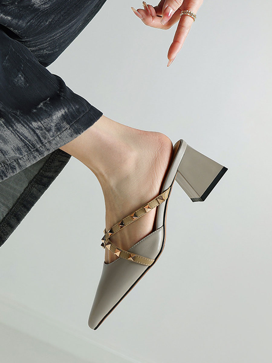 Women’s Cowhide Pointed Toe Studded 2.36 Inch Block Heels Mules Sandals