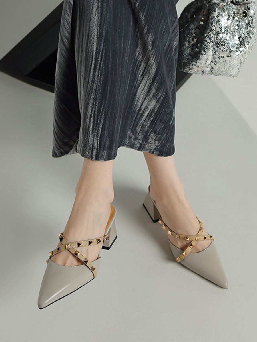 Women’s Cowhide Pointed Toe Studded 2.36 Inch Block Heels Mules Sandals (6)