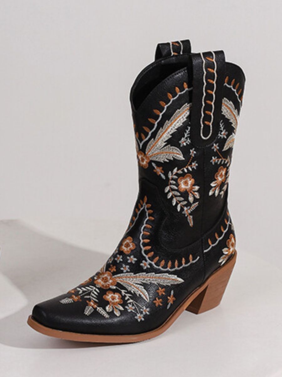 Women’s Flower Embroidery Western Boots Block Heel Mid Calf Boots (2)