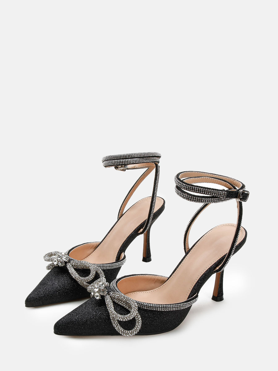 Women’s Glitter Black Rhinestone Bows Ankle Strap Stiletto Heel Pumps (1)