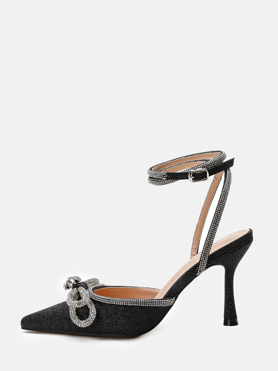 Women's Glitter Black Rhinestone Bows Ankle Strap Stiletto Heel Pumps