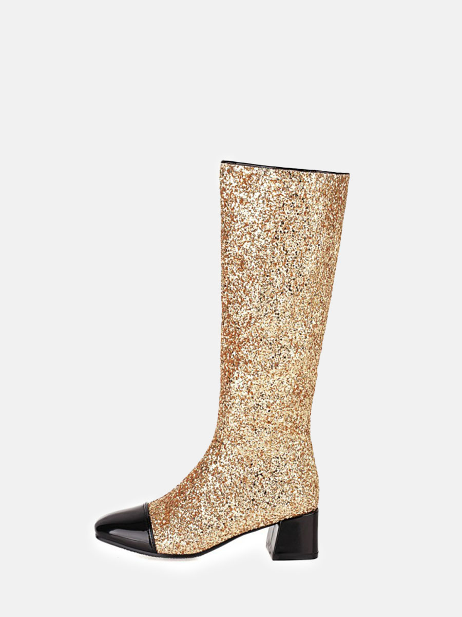 Women’s Glitter Knee High Boots Cap Toe Block Heel Boots
