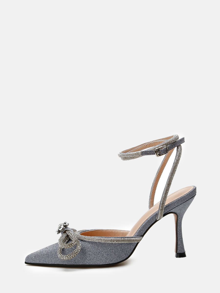 Women's Glitter Grey Rhinestone Bows Ankle Strap Stiletto Heel Pumps