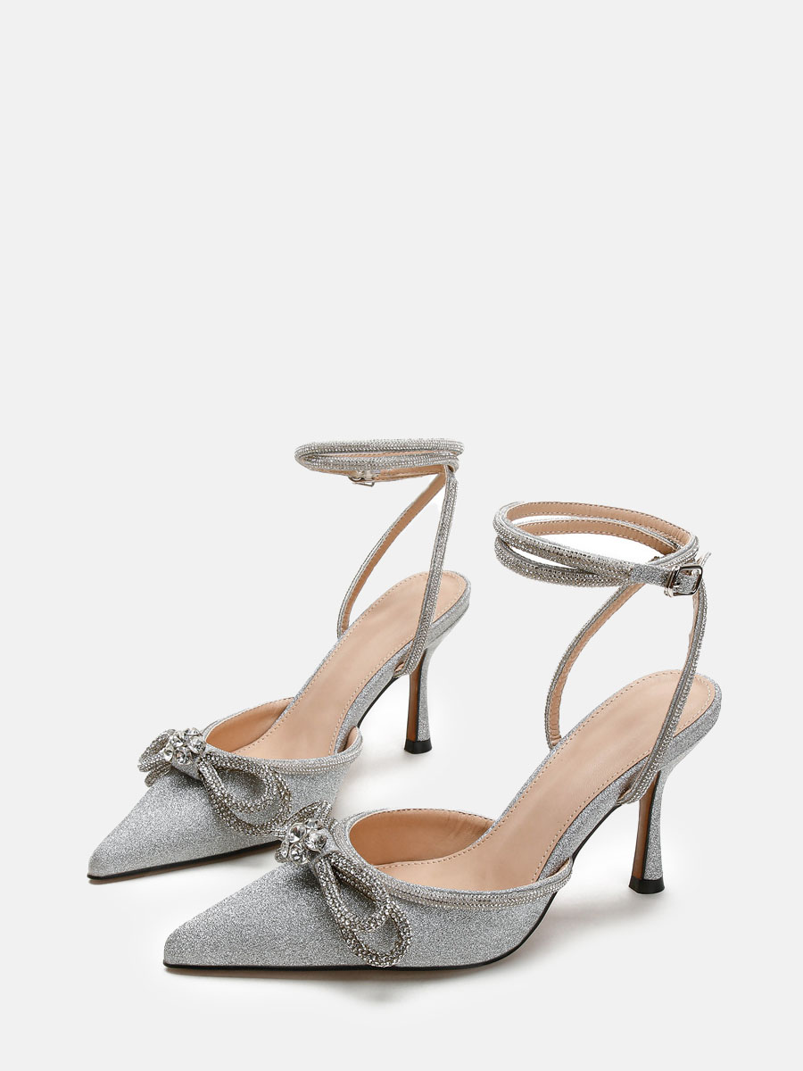Women’s Glitter Silver Rhinestone Bows Ankle Strap Stiletto Heel Pumps (1)
