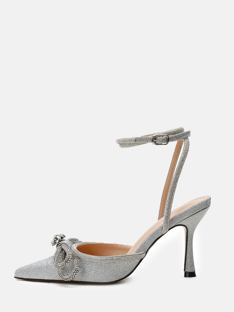 Women's Glitter Silver Rhinestone Bows Ankle Strap Stiletto Heel Pumps