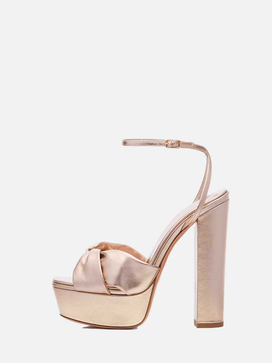 Women’s Gold Metallic Bowknot Ankle Strap Platform Chunky Heel Sandals