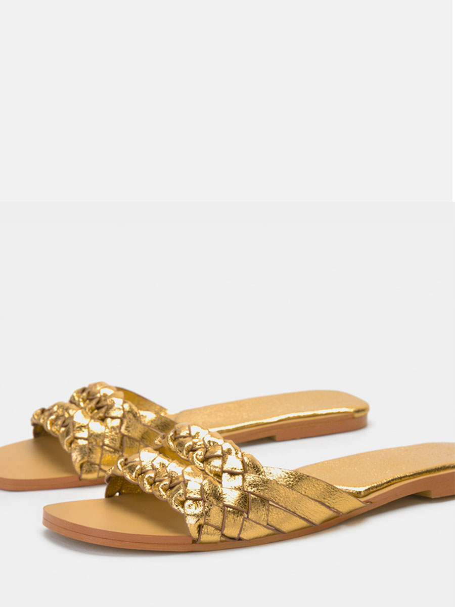 Women’s Gold Metallic Woven PU Slide Sandals Open Toe Flat Sandals (1)