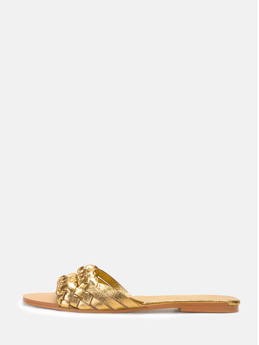 Women’s Gold Metallic Woven PU Slide Sandals Open Toe Flat Sandals