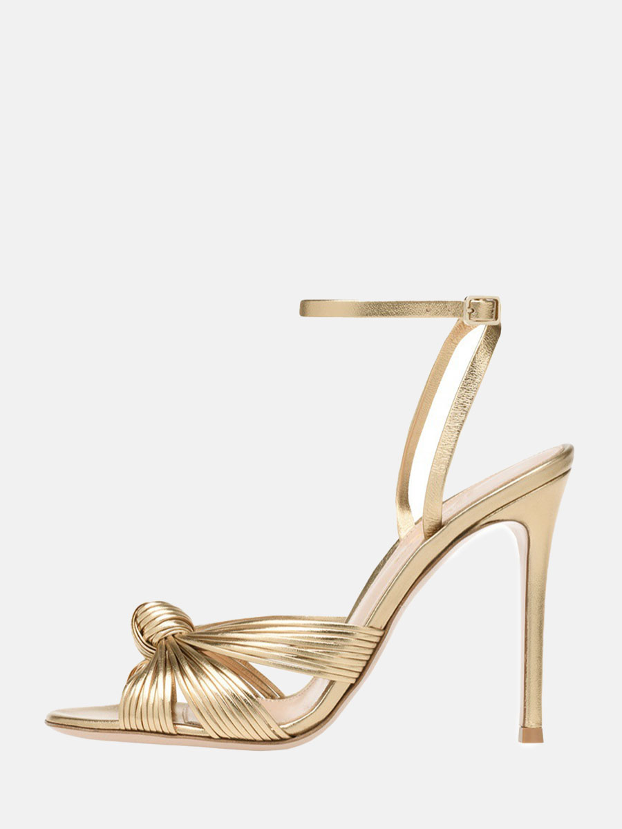 Women’s Gold Stiletto Heels Ankle Strap Round Toe Bows 5 Inch Slingback Sandals