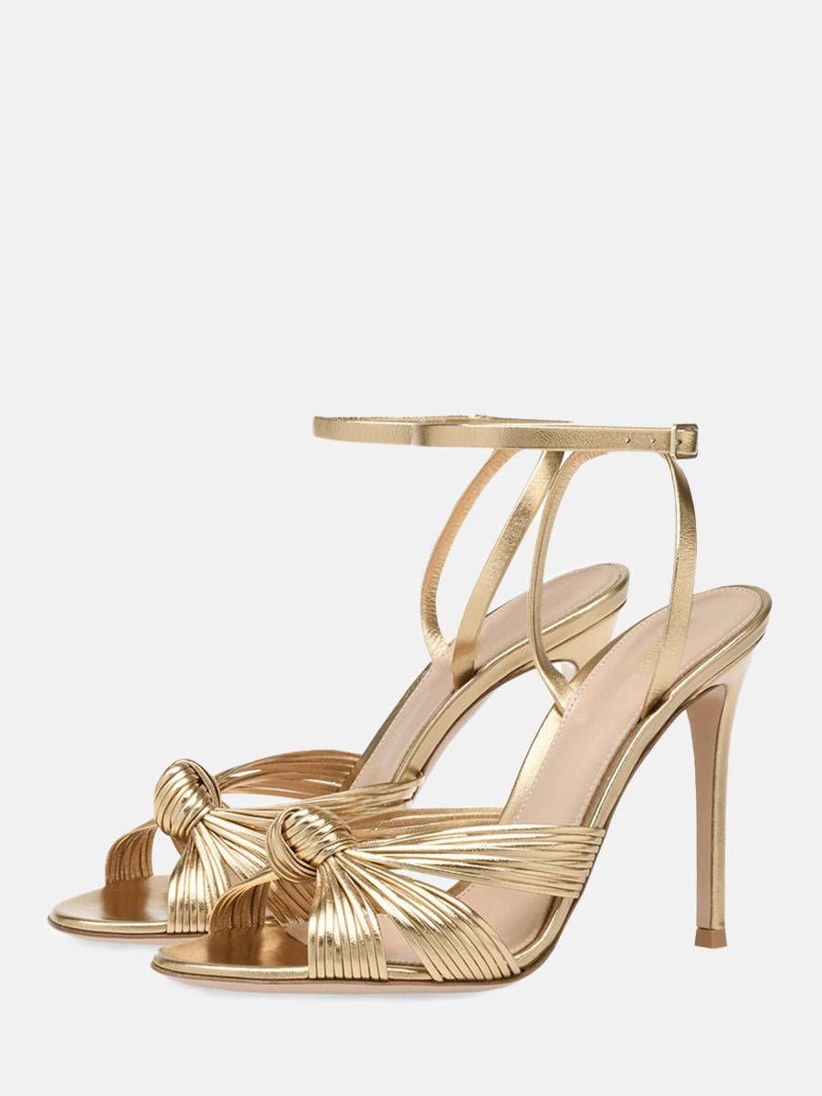Women’s Gold Stiletto Heels Ankle Strap Toe Bows 4.7 Inch Slingback Sandals (7)