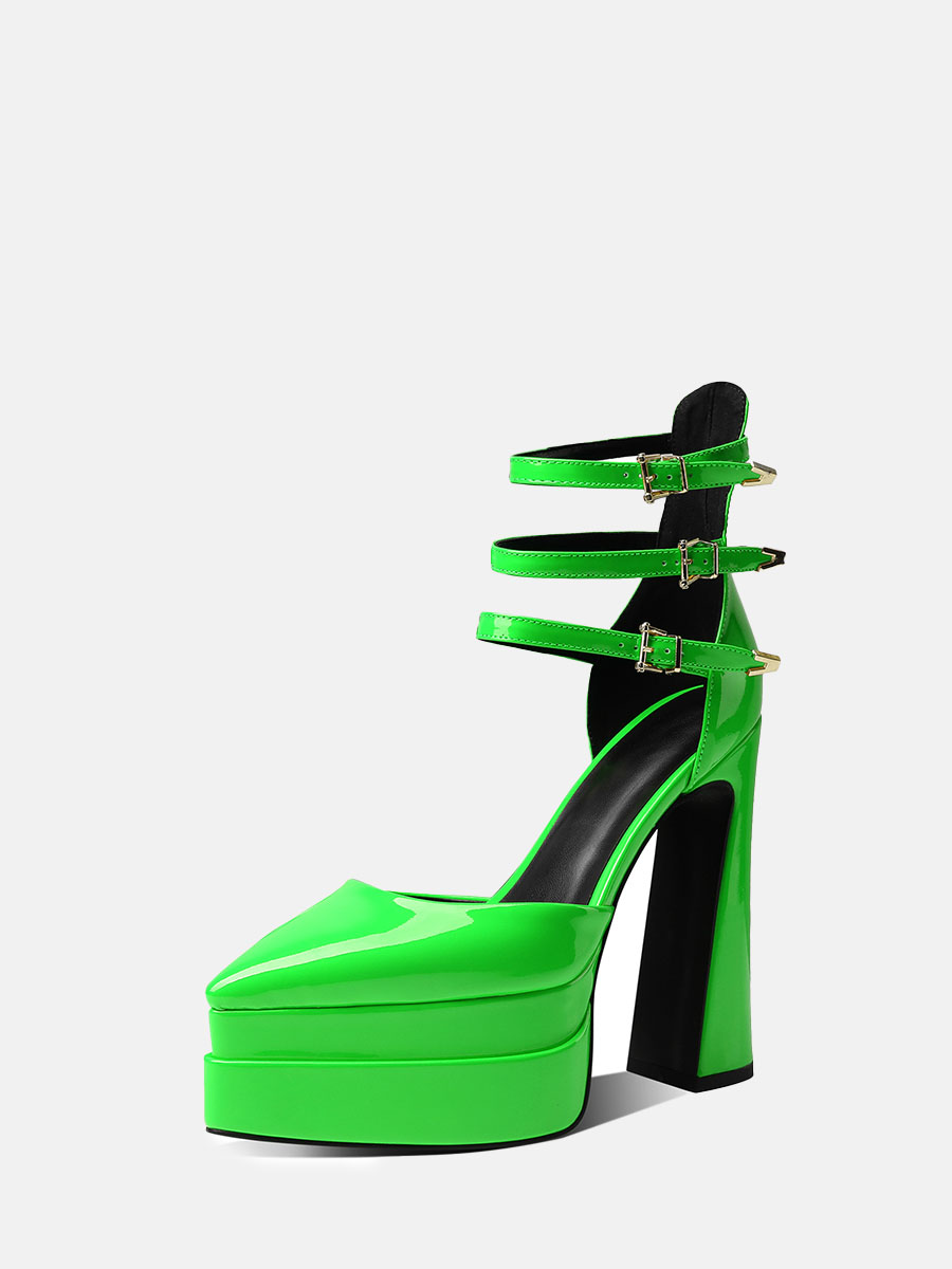 Women’s Green Patent Microfiber Ankle Strap Platform Chunky Heels (2)