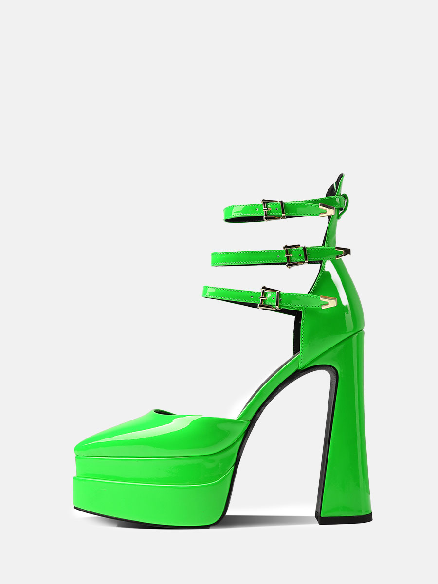 Women's Green Patent Microfiber Ankle Strap Platform Chunky Heels