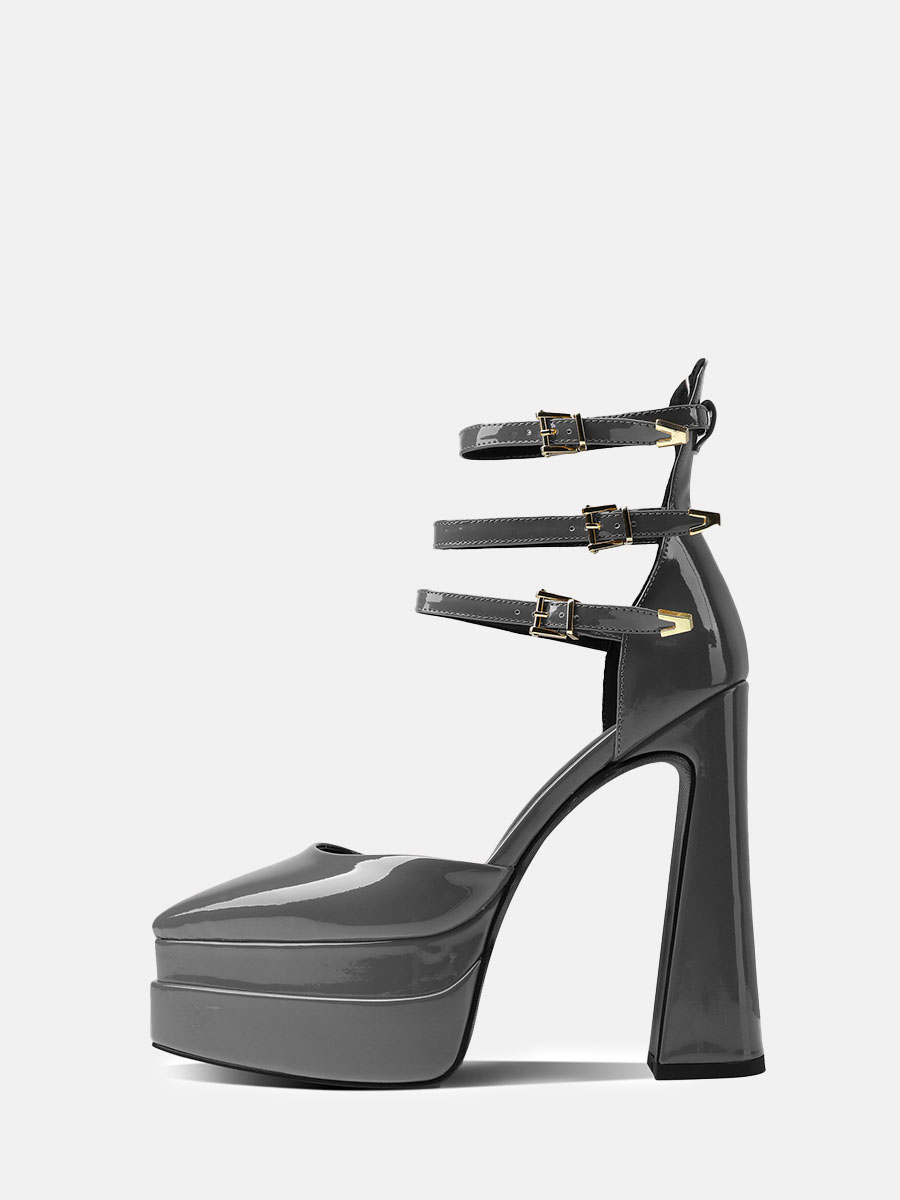 Women's Grey Patent Microfiber Ankle Strap Platform Chunky Heels