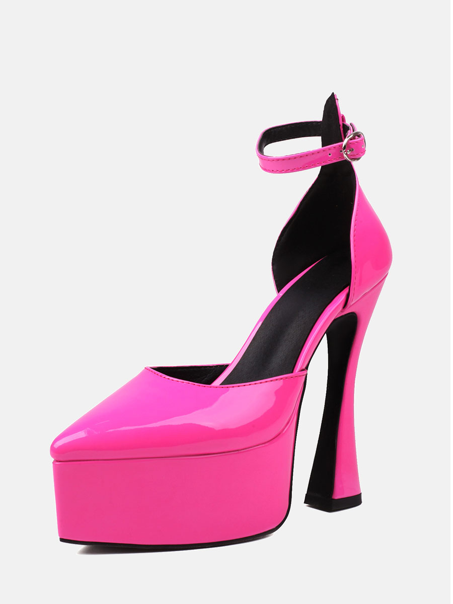 Women’s Hot Pink Patent Leather Ankle Strap Platform Chunky Spool Heel Pumps