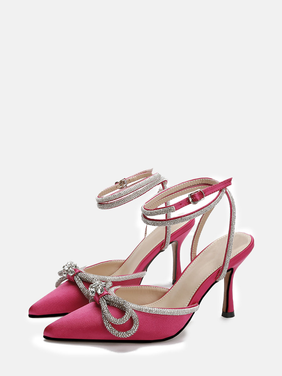 Women’s Hot Pink Satin Rhinestone Bows Ankle Strap Stiletto Heels Pump (2)
