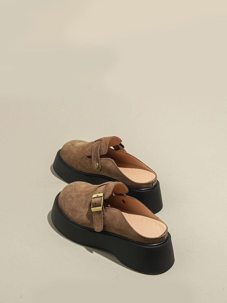 Women’s Khaki Suede Cowhide Buckle Detail Lug Sole Platform Round Toe Mules (4)