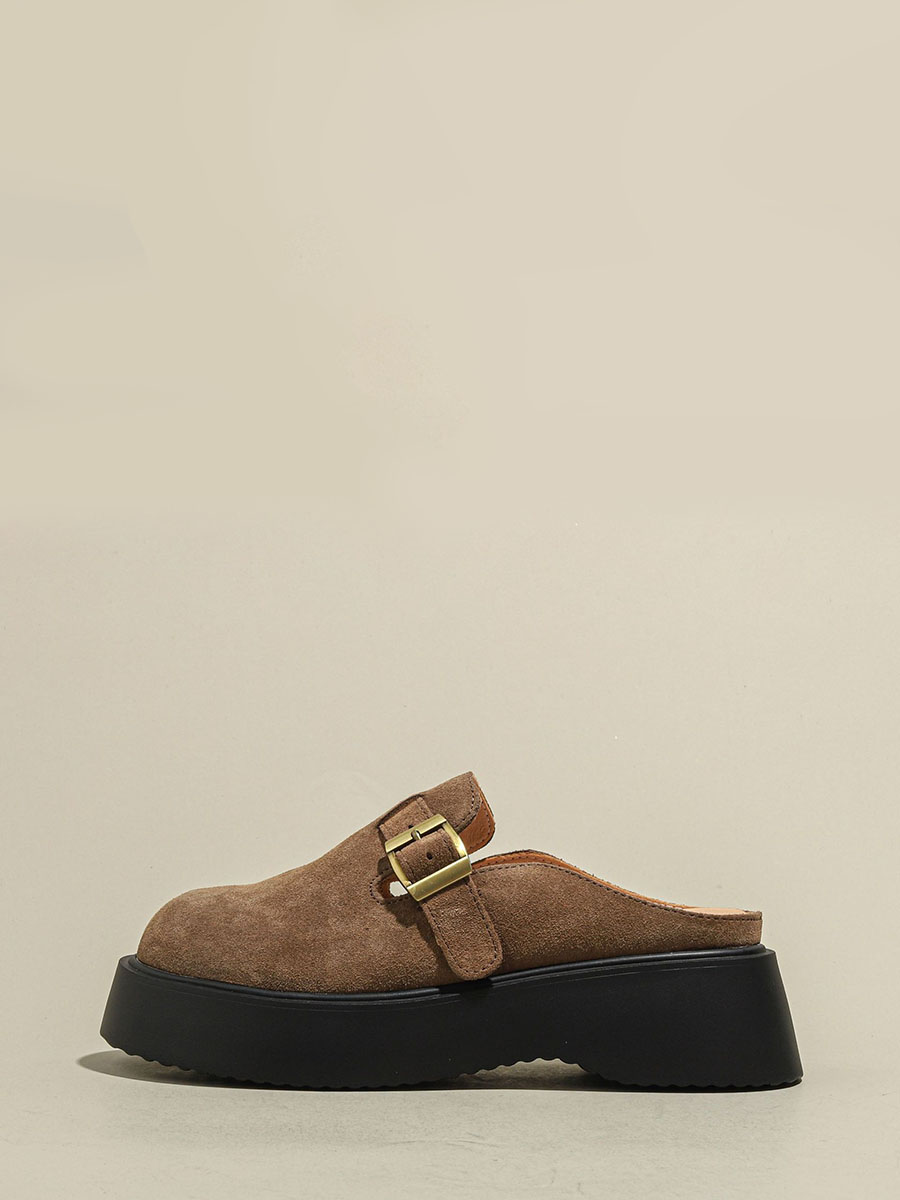 Women's Khaki Suede Cowhide Buckle Detail Lug Sole Platform Round Toe Mules
