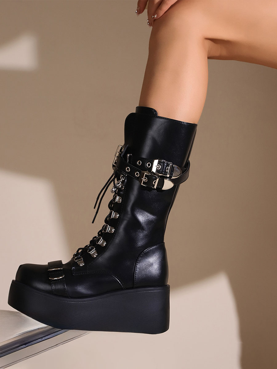 Women’s Lace-Up Combat Boots Buckles Wedge Heel Mid Calf Boots (1)