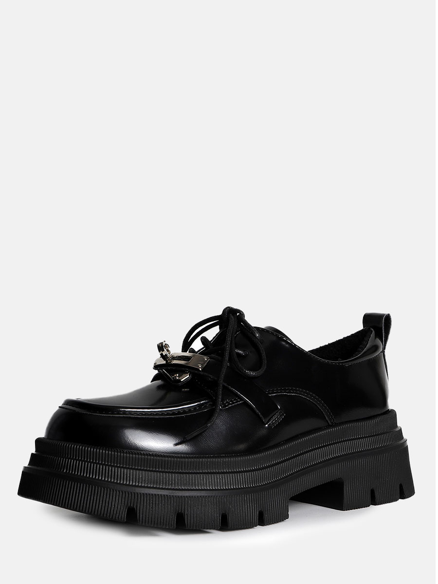 Women’s Leather Lace-Up Lug Sole Oxfords Round Toe Buckle Detail Platform Shoes (2)