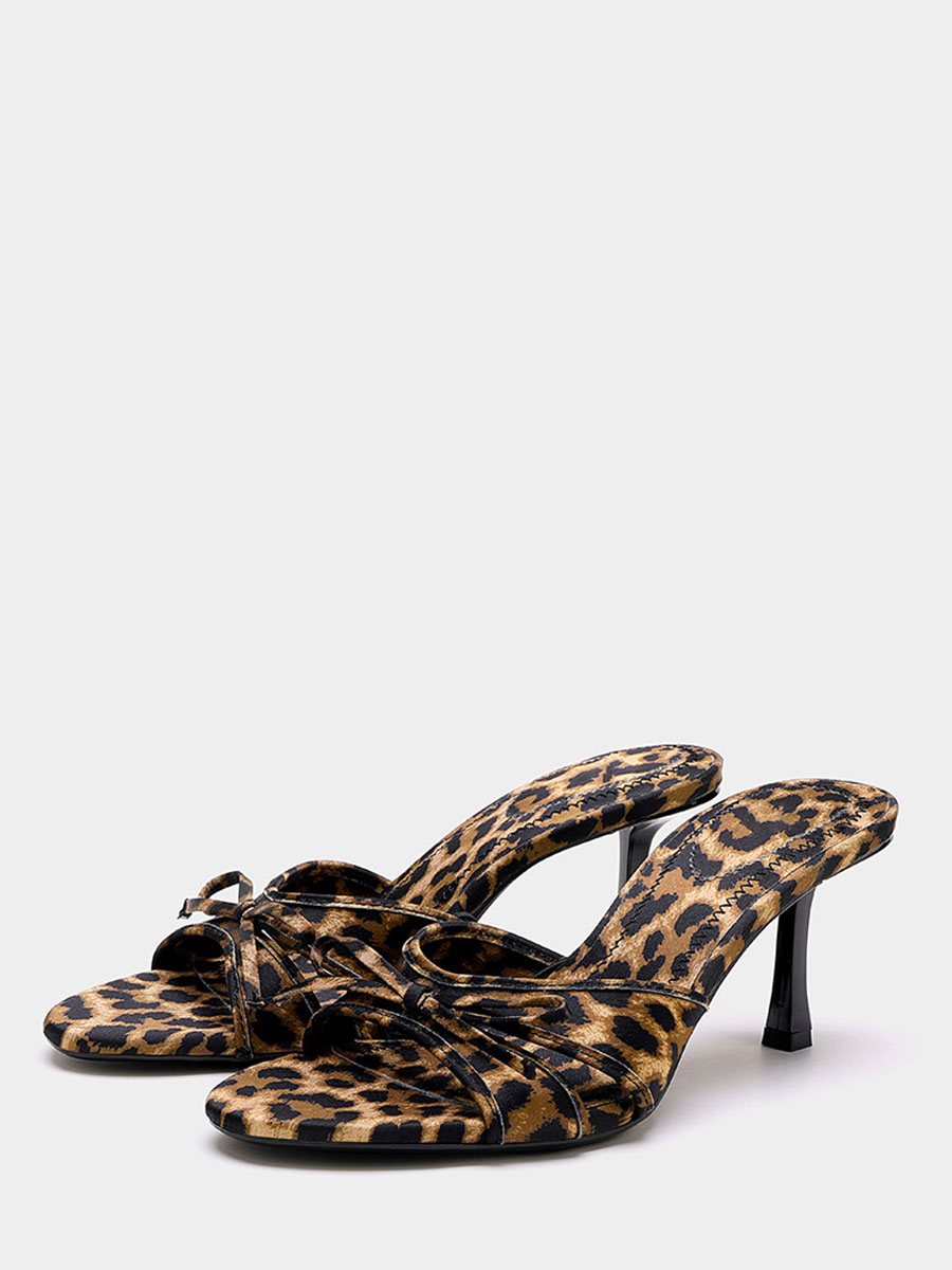 Women’s Leopard Print Open Toe Bow Stiletto Heels Mule Sandals (1)