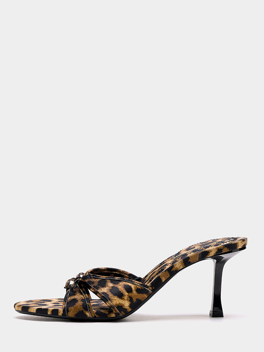 Women’s Leopard Print Open Toe Bow Stiletto Heels Mule Sandals
