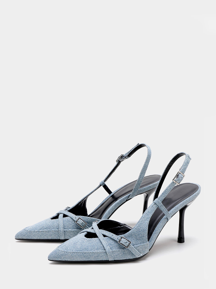 Women’s Light Blue Denim Slingback Pointed Toe Buckle Stiletto Heels Pumps (1)