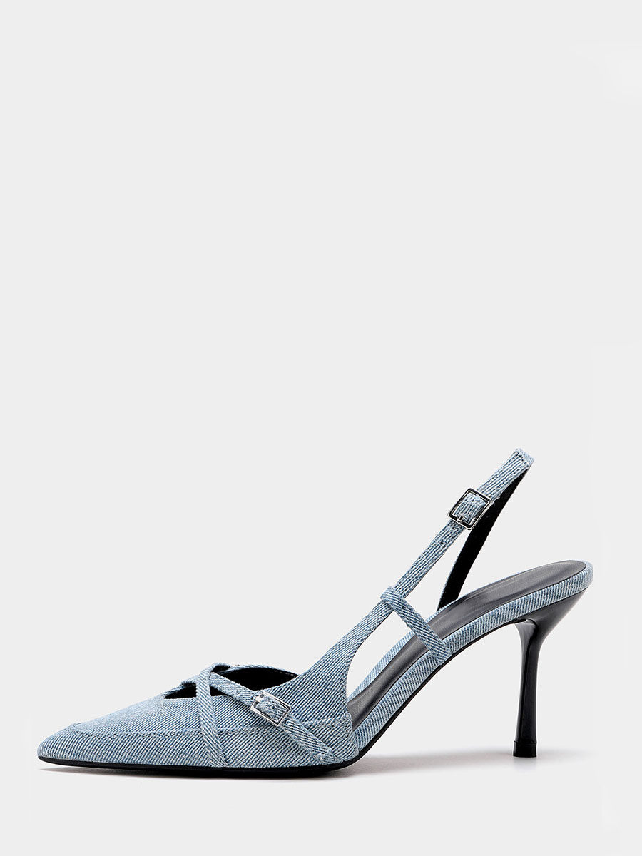Women’s Light Blue Denim Slingback Pointed Toe Buckle Stiletto Heels Pumps