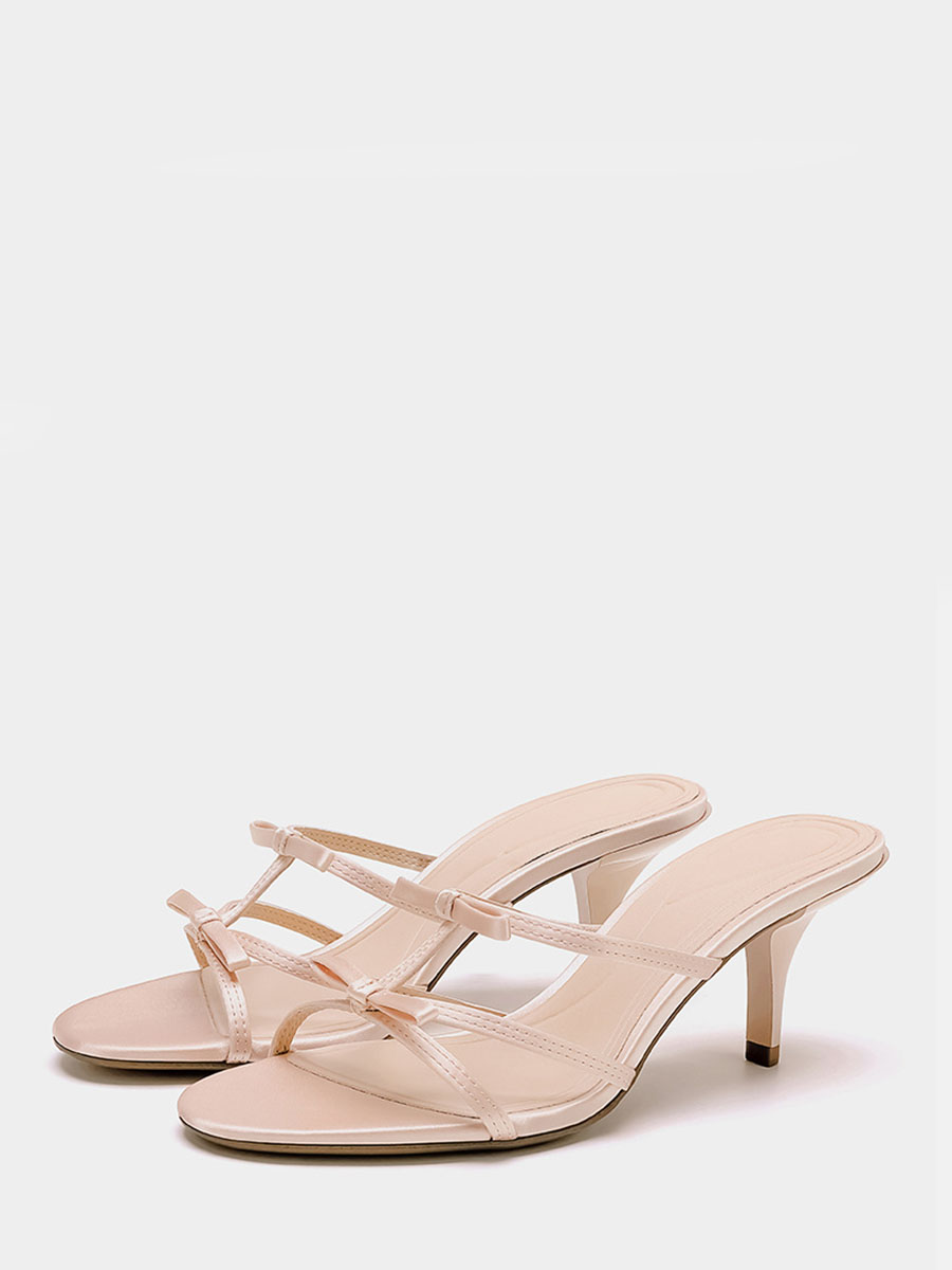 Women’s Light Pink Bows Straps Kitten Heel Mule Sandals (1)