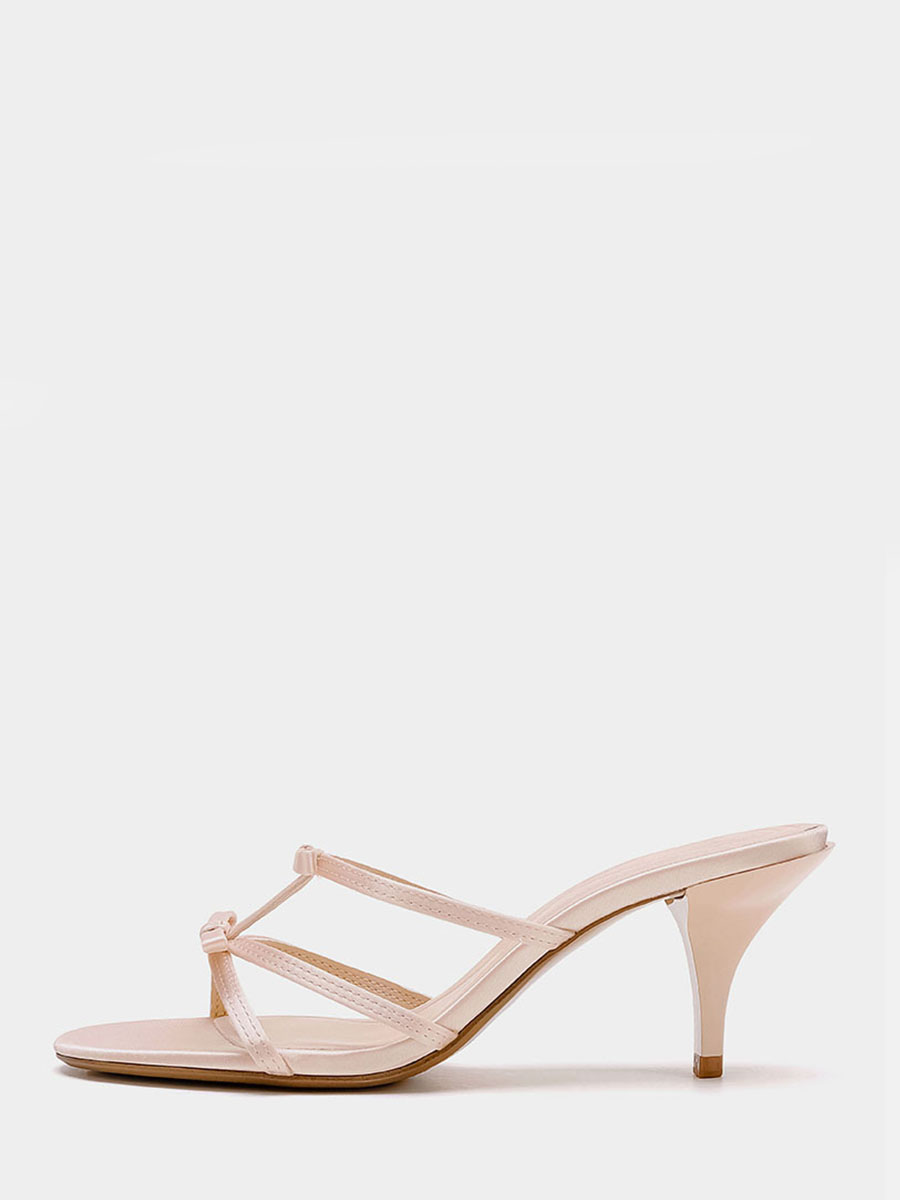 Women's Light Pink Bows Straps Kitten Heel Mule Sandals