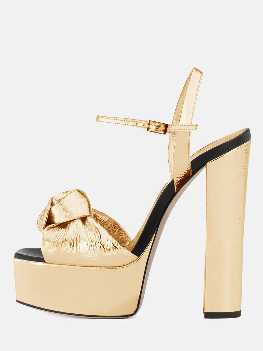 Women’s Metallic Ankle Slingback Platform Sandals Bow Chunky Heel Sandals