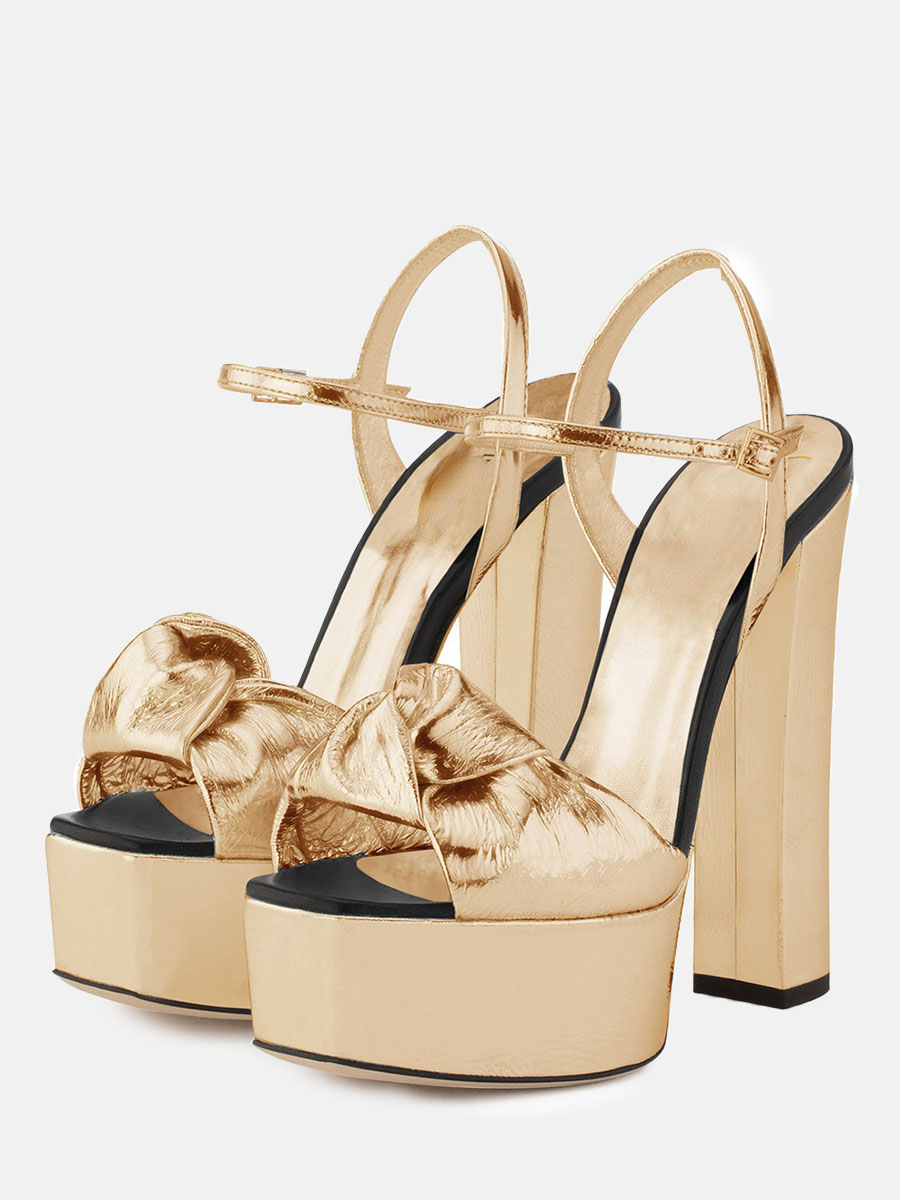 Women’s Metallic Ankle Slingback Platform Sandals Bow Chunky Heel Sandals (6)