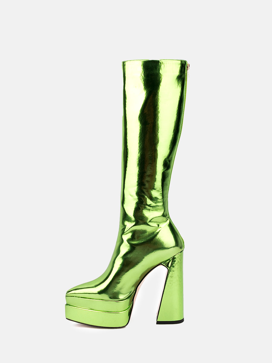 Women’s Metallic Mirror Platform Block Heel Knee High Boots