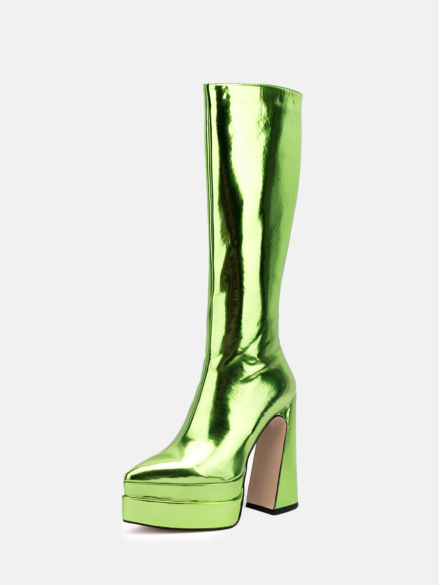 Women’s Metallic Mirror Platform Block Heel Knee High Boots (2)
