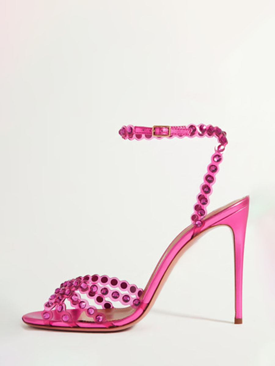 Women’s Metallic PVC Ankle Strap Heels Rhinestones Stiletto Heel Sandals