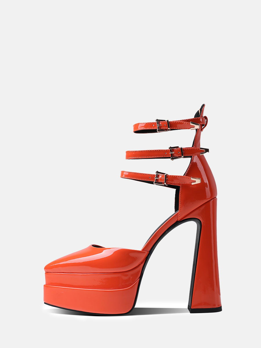 Women's Orange Patent Microfiber Ankle Strap Platform Chunky Heels