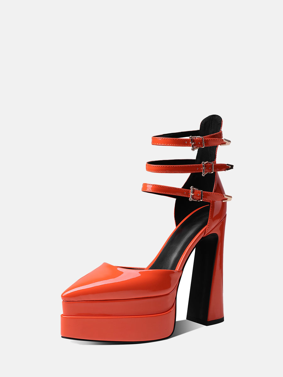 Women’s Orange Patent Microfiber Ankle Strap Platform Chunky Heels (4)