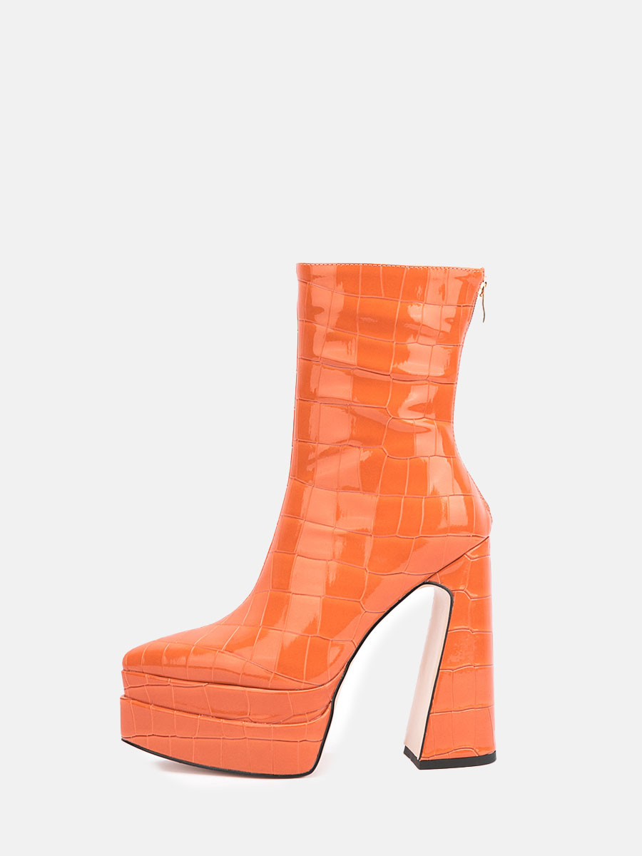 Women’s Patent Stone Embossed Platform Chunky Heel Ankle Boots