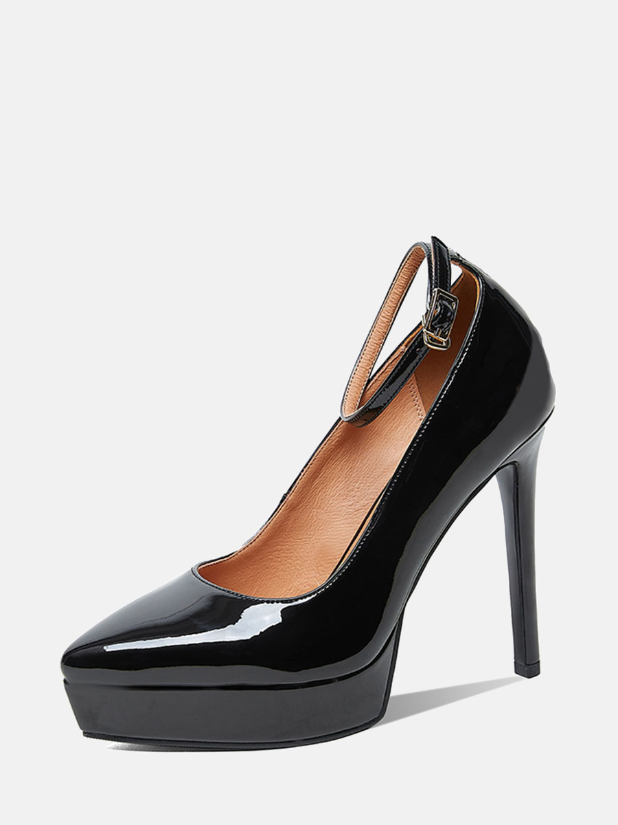Women’s Patent Leather Pointed Ankle Strap Toe Buckle 5 Inch Stiletto Heels Platform Pumps