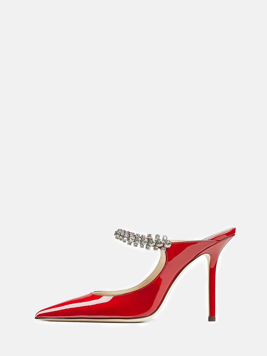 Women's Patent Leather Rhinestone Embellished Strap Pointed Toe Mules Slingback Stiletto Heels Pumps