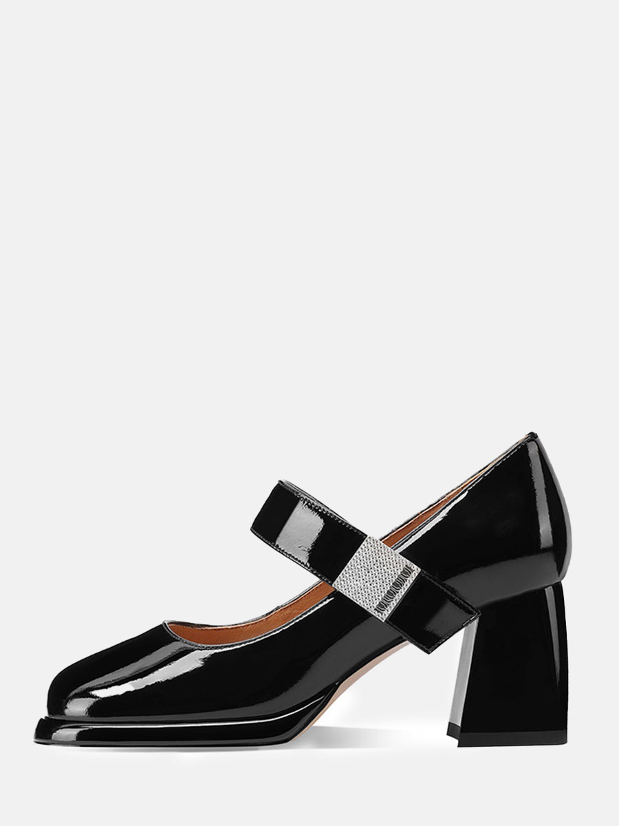 Women’s Patent Leather Square Toe Buckle 3 Inch Block Heels Mary Jane Platform Pumps