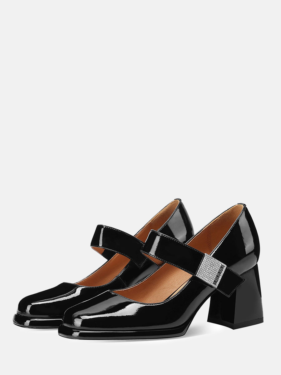 Women’s Patent Leather Square Toe Buckle 3 Inch Block Heels Mary Jane Platform Pumps (8)