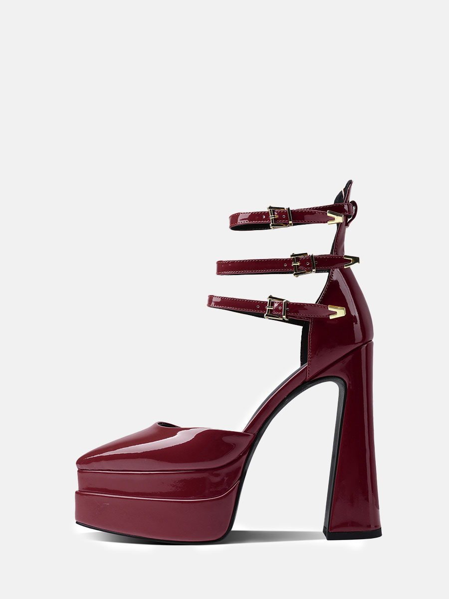 Women's Patent Microfiber Ankle Strap Platform Chunky Heels