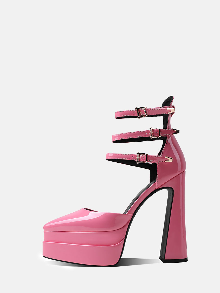 Women's Pink Patent Microfiber Ankle Strap Platform Chunky Heels