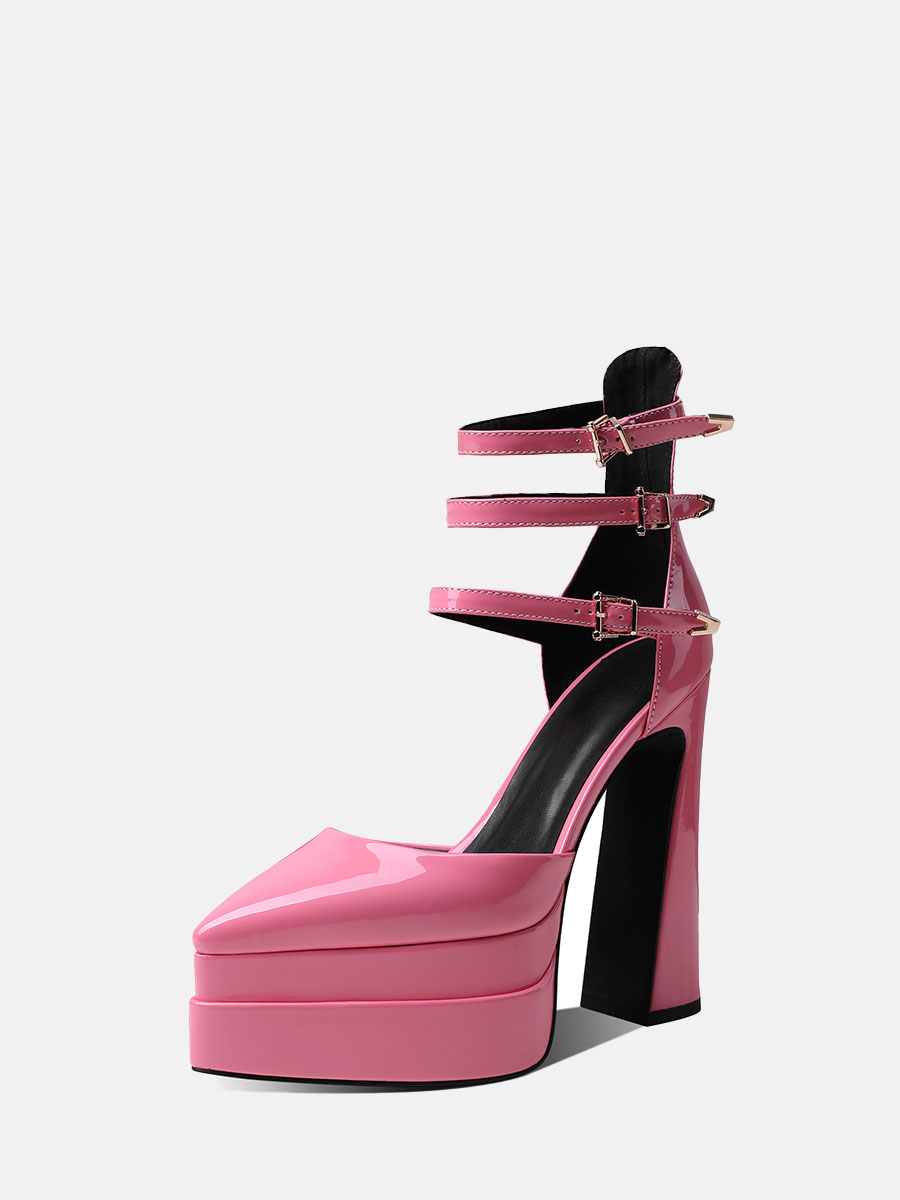 Women’s Pink Patent Microfiber Ankle Strap Platform Chunky Heels (3)