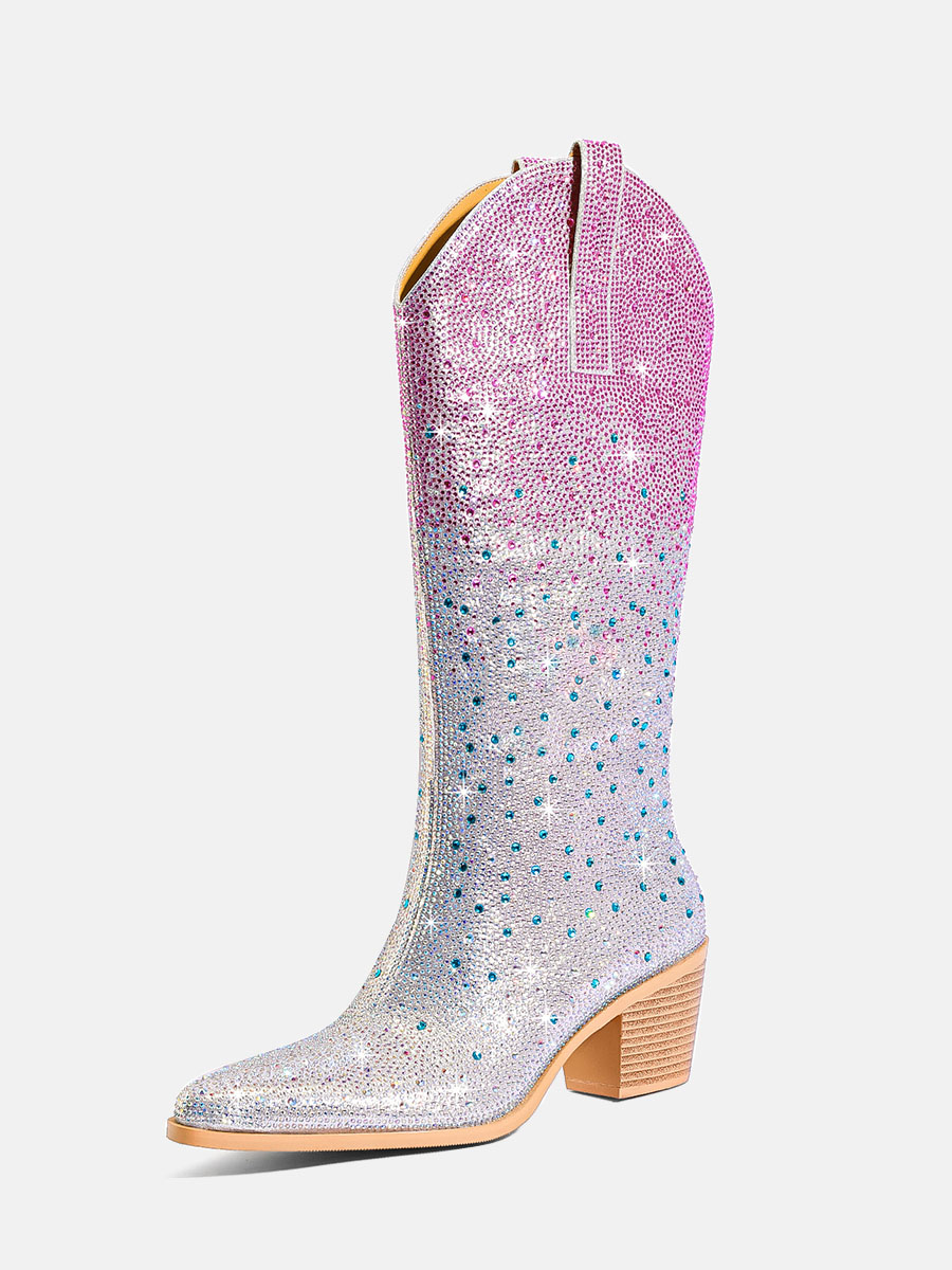 Women’s Pink & Silver Western Knee High Boots Rhinestones Block Heel Boots (3)