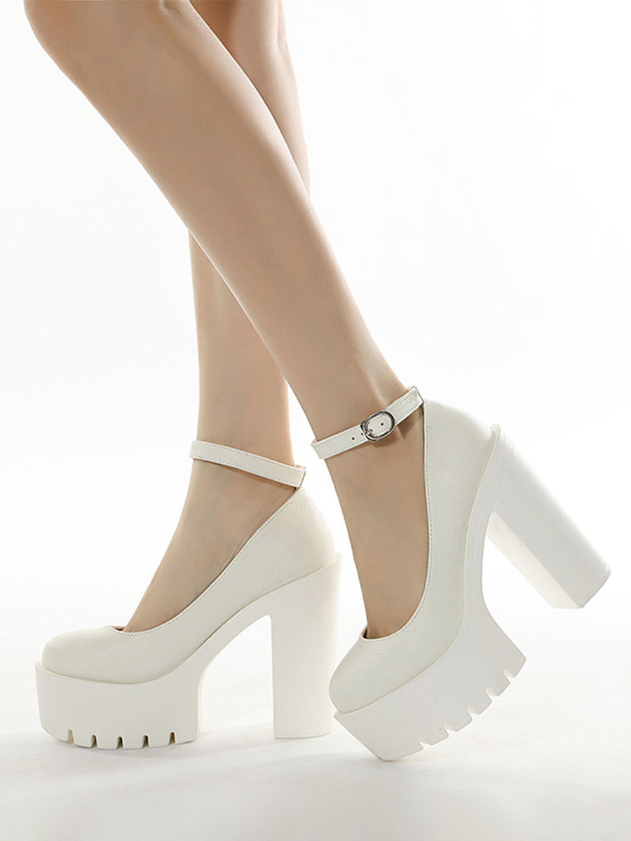 Women’s Platform Ankle Strap Pumps Round Toe Buckle 5.12 Inch Chunky Heels