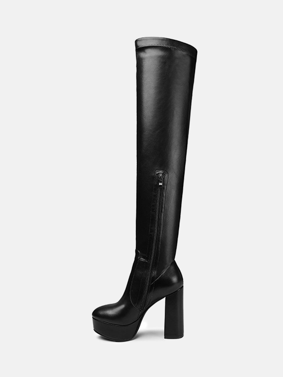 Women's Black Platform Chunky Heel Thigh High Boots
