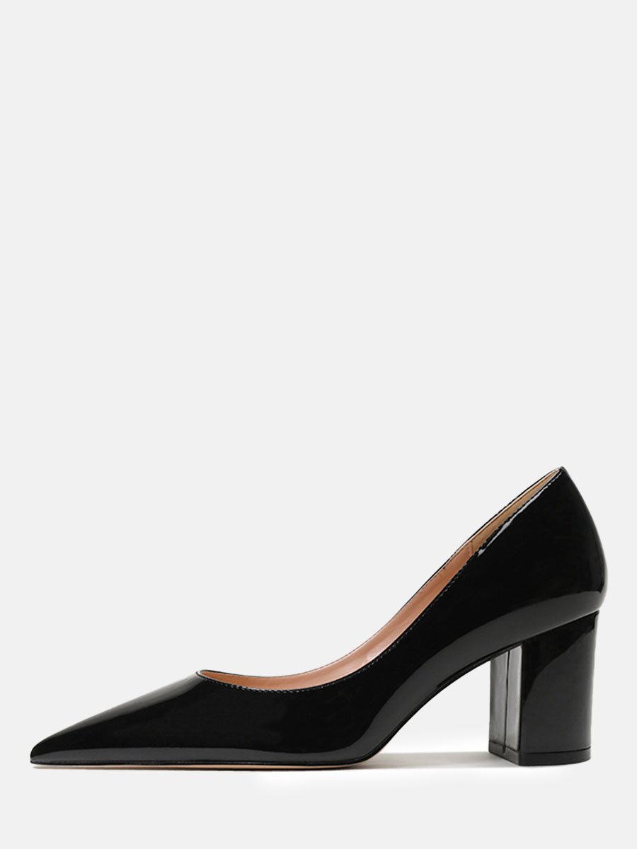Women's Pointy Toe Patent Leather Chunky Heel Pumps